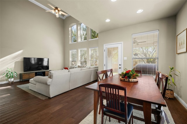 dining room featuring ceiling fan, dark wood-type flooring, recessed lighting, and baseboards