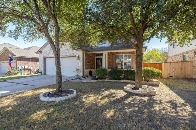 single story home featuring a garage, fence, concrete driveway, and brick siding