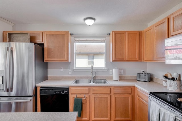 kitchen featuring black dishwasher, light countertops, stainless steel refrigerator with ice dispenser, and a sink