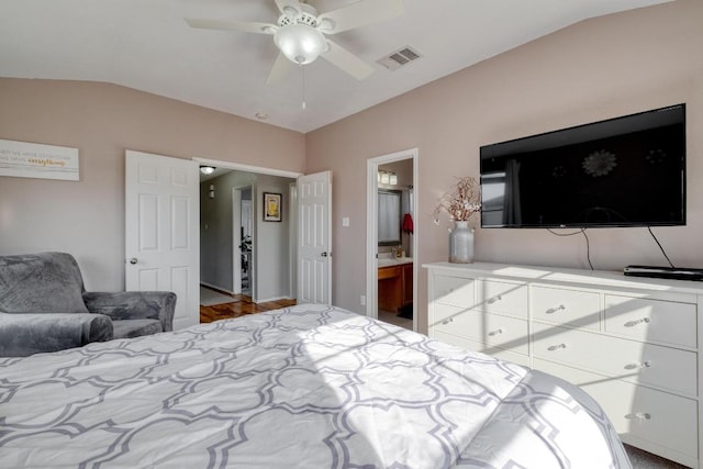 bedroom featuring lofted ceiling, ceiling fan, and visible vents