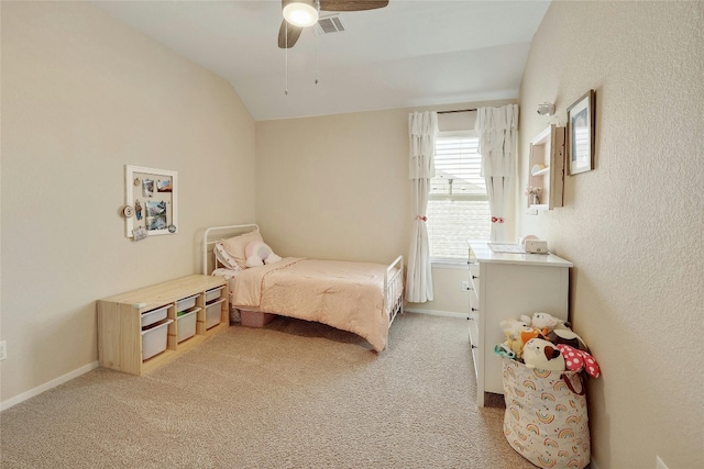 bedroom with lofted ceiling, visible vents, light carpet, ceiling fan, and baseboards