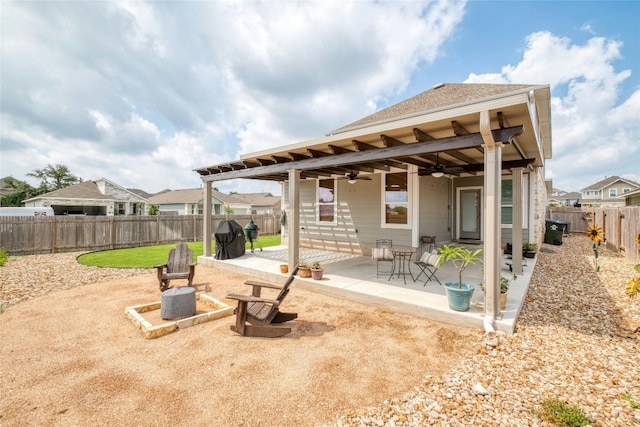 view of patio / terrace featuring a fenced backyard and a ceiling fan