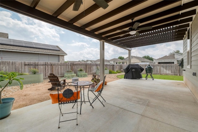 view of patio / terrace with ceiling fan, grilling area, a fenced backyard, and outdoor dining space