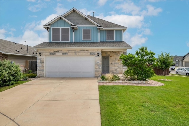 view of front facade featuring an attached garage, fence, concrete driveway, a front lawn, and board and batten siding