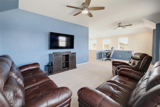 living area featuring visible vents, carpet, a ceiling fan, and baseboards