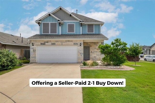 100 Winding Hollow Cv, Georgetown, TX 78628 - craftsman-style house featuring a front yard, a garage, stone siding, board and batten siding, and concrete driveway