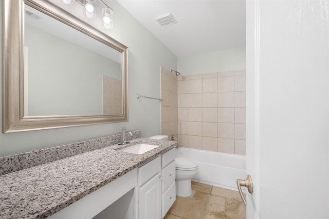 full bath with toilet, washtub / shower combination, visible vents, and vanity