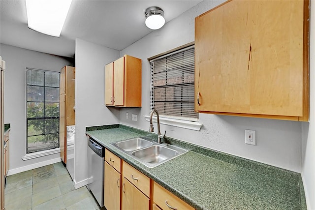 kitchen featuring a sink, dark countertops, baseboards, and stainless steel dishwasher