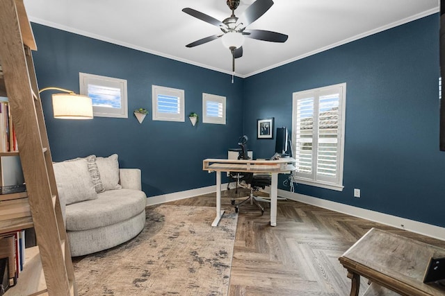 home office with crown molding, a ceiling fan, and baseboards