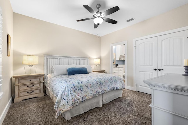 bedroom with baseboards, visible vents, ceiling fan, carpet, and a closet