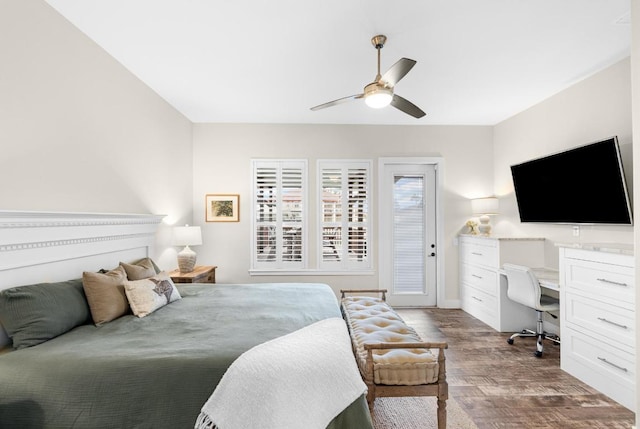 bedroom with access to exterior, ceiling fan, and dark wood finished floors