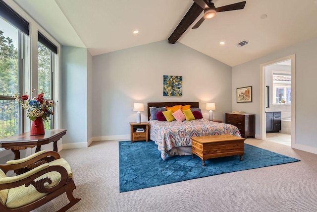 bedroom featuring light carpet, vaulted ceiling with beams, visible vents, and baseboards