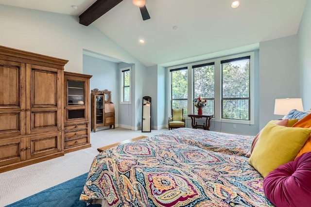 bedroom featuring vaulted ceiling with beams, ceiling fan, recessed lighting, light carpet, and baseboards