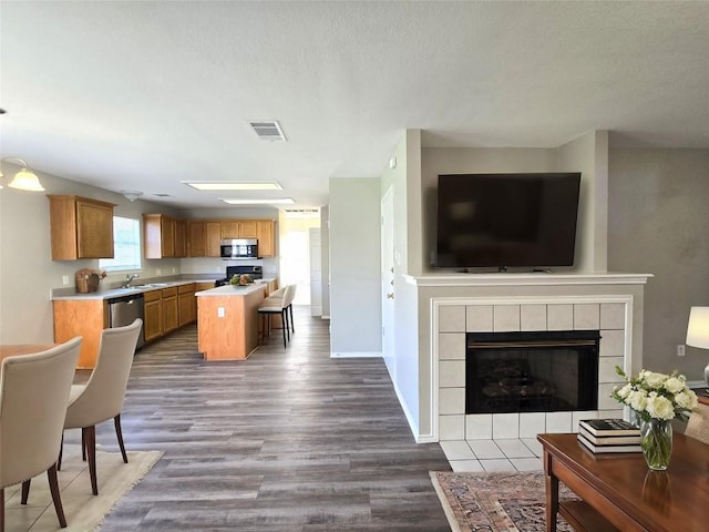 4533 Corran Ferry Loop, Austin, TX 78749 - living room featuring dark wood-style floors and a fireplace