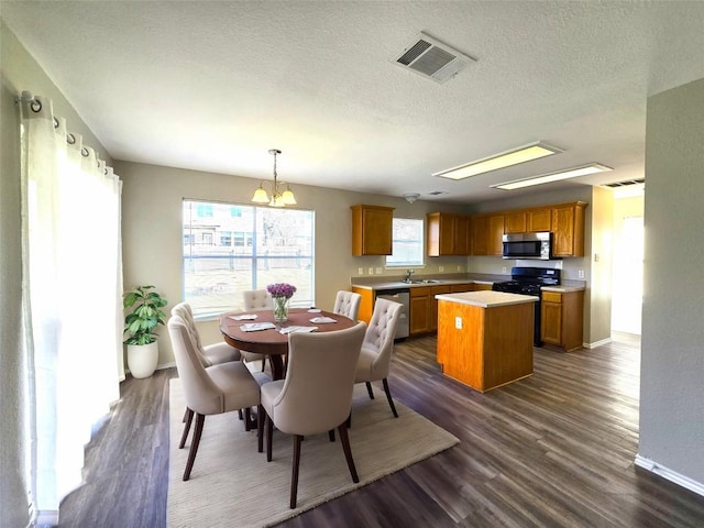 4533 Corran Ferry Loop, Austin, TX 78749 - dining area with a textured ceiling, dark wood-style floors, and a chandelier