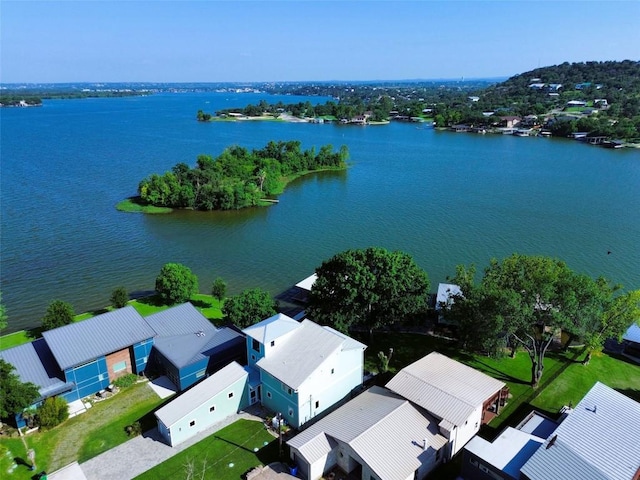 drone / aerial view featuring a water view