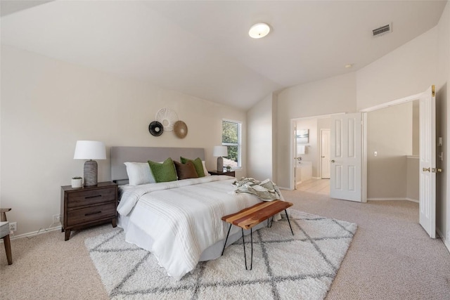 bedroom featuring light colored carpet, visible vents, vaulted ceiling, and baseboards