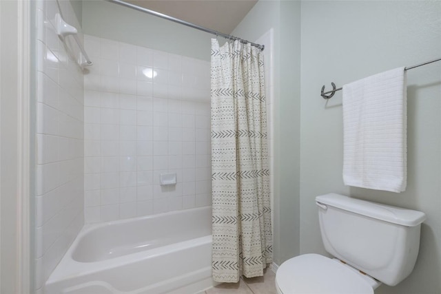 full bathroom with toilet, shower / bathtub combination with curtain, and tile patterned floors