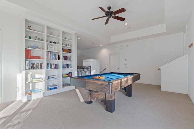 recreation room with crown molding, recessed lighting, a raised ceiling, carpet flooring, and billiards