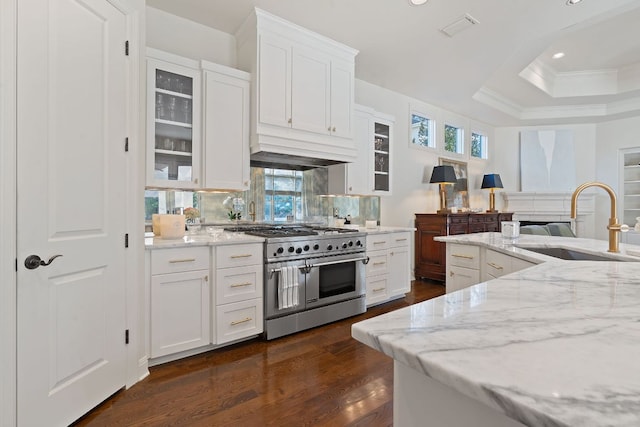 kitchen with range with two ovens, under cabinet range hood, a sink, tasteful backsplash, and a raised ceiling