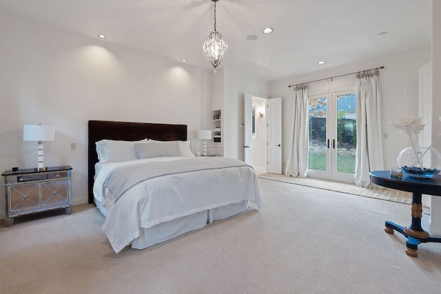 bedroom featuring access to outside, carpet flooring, and recessed lighting