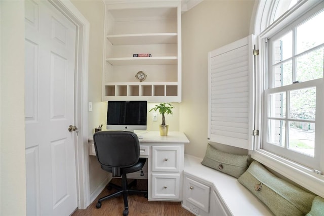 home office featuring plenty of natural light, wood finished floors, and built in study area