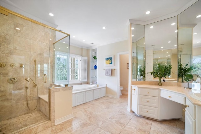 full bath with a stall shower, a garden tub, toilet, and crown molding