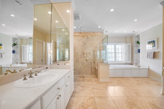 full bath featuring a garden tub, visible vents, ornamental molding, and a stall shower