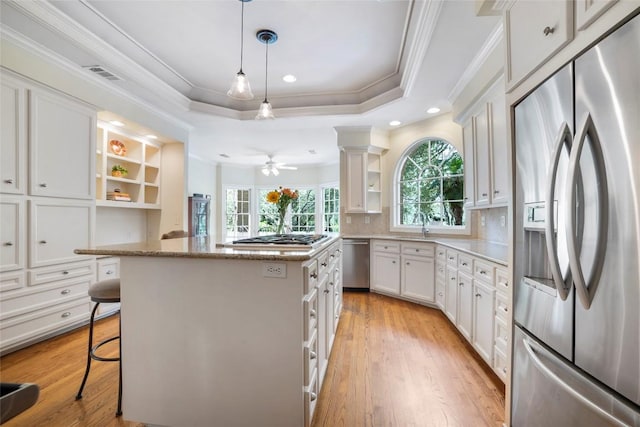 kitchen with appliances with stainless steel finishes, a tray ceiling, light wood-style flooring, and open shelves