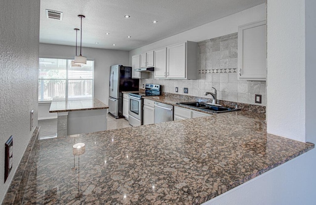 kitchen with under cabinet range hood, stainless steel appliances, a sink, visible vents, and tasteful backsplash