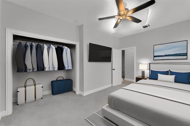 bedroom featuring carpet, visible vents, ceiling fan, and baseboards