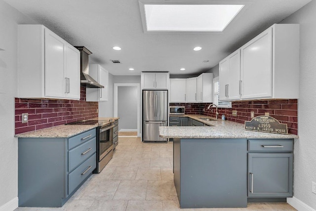 kitchen featuring stainless steel appliances, white cabinets, a sink, wall chimney range hood, and a peninsula