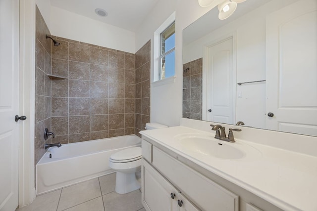 full bathroom featuring bathtub / shower combination, vanity, toilet, and tile patterned floors