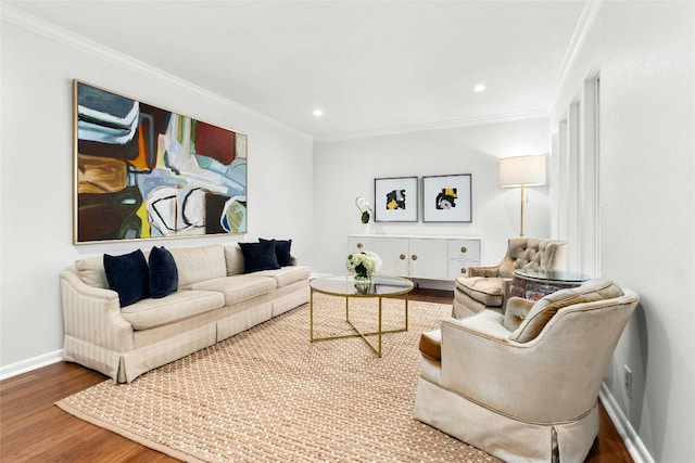 living room with crown molding, wood finished floors, and recessed lighting