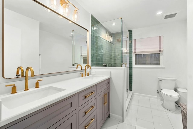 full bathroom with toilet, a shower stall, visible vents, and a sink