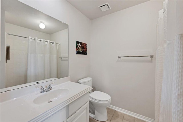 full bath featuring baseboards, visible vents, toilet, tile patterned flooring, and vanity