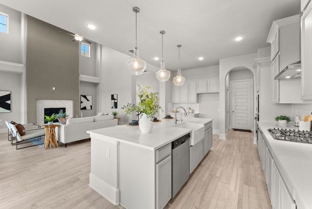 kitchen with a fireplace, light countertops, appliances with stainless steel finishes, a sink, and light wood-type flooring