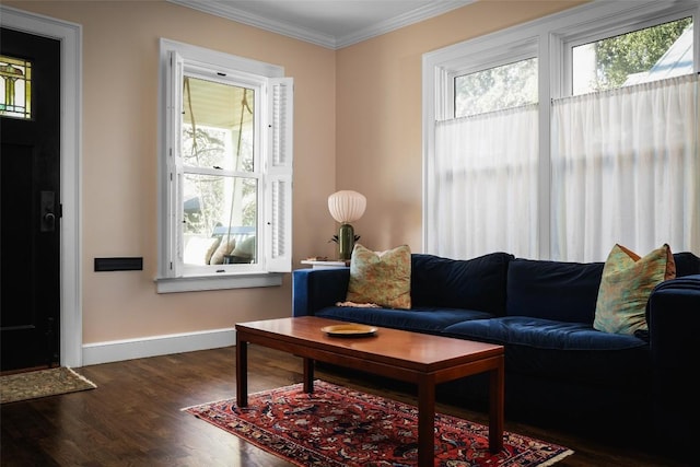 living area with a wealth of natural light, crown molding, baseboards, and wood finished floors