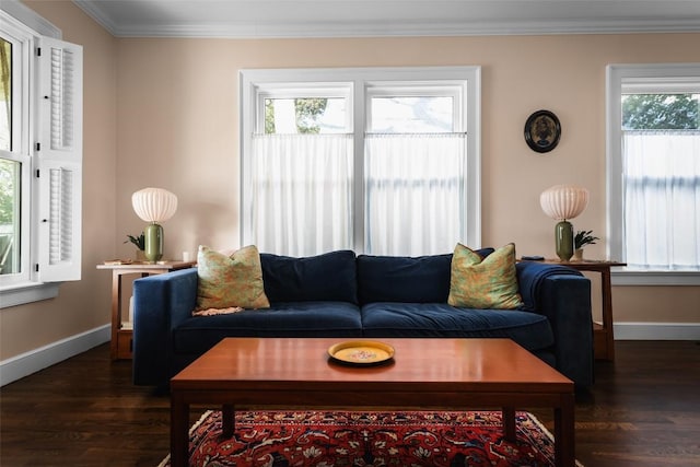 living room with ornamental molding, wood finished floors, and baseboards