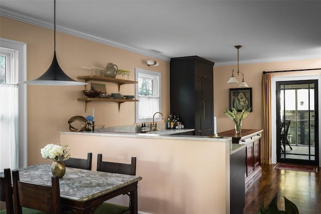 kitchen with decorative light fixtures, crown molding, light countertops, dark wood-type flooring, and a sink