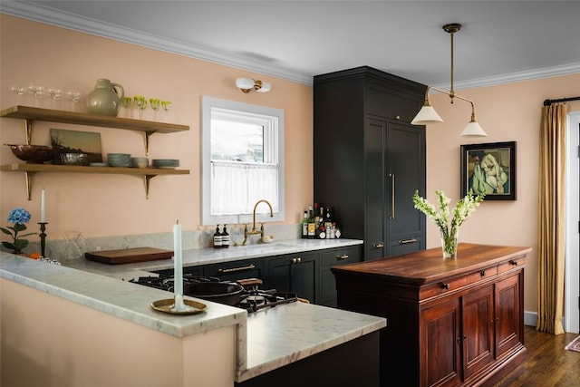 kitchen featuring dark wood finished floors, crown molding, stovetop, wooden counters, and a sink