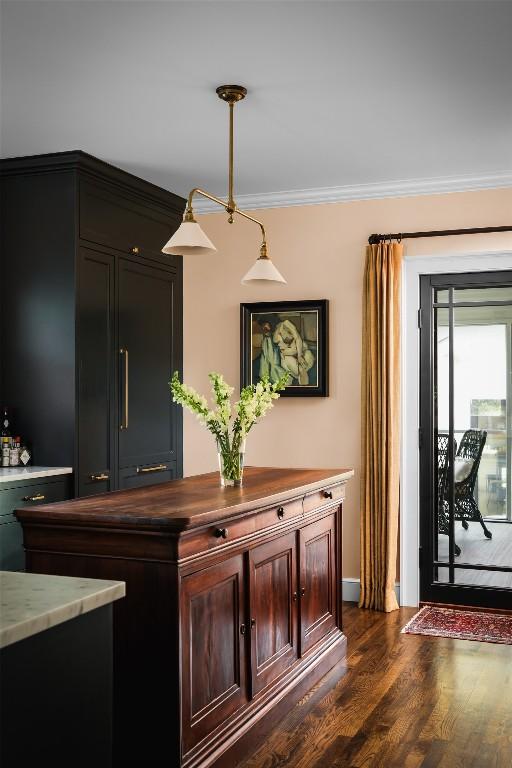 bar with ornamental molding, pendant lighting, and dark wood-type flooring