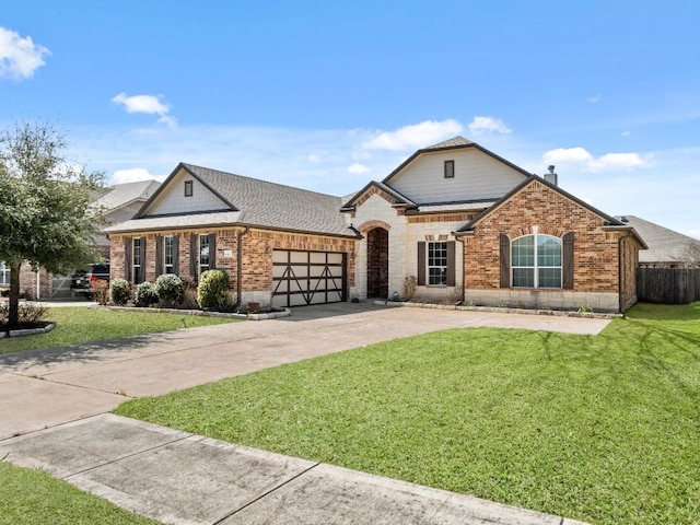 view of front of property with driveway, brick siding, a front lawn, and an attached garage