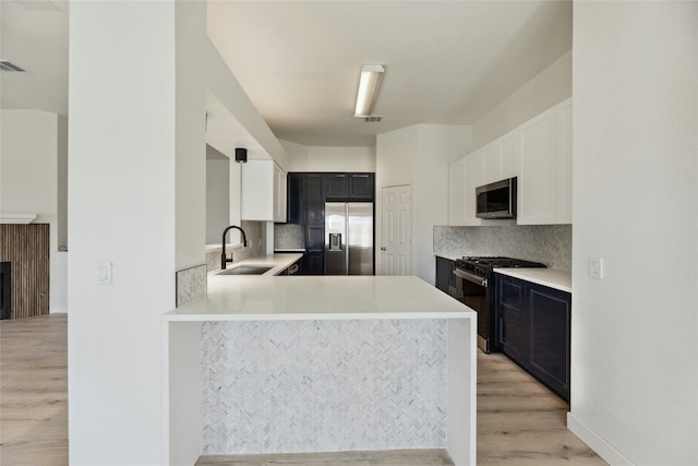 kitchen with light wood finished floors, tasteful backsplash, appliances with stainless steel finishes, light countertops, and a sink