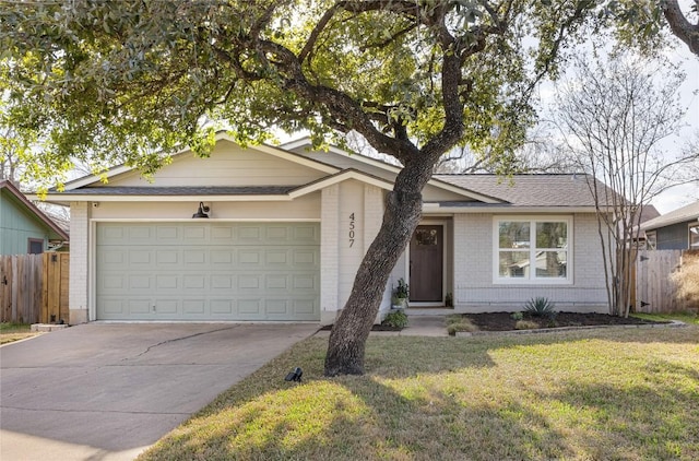 ranch-style home featuring driveway, brick siding, a front yard, and fence