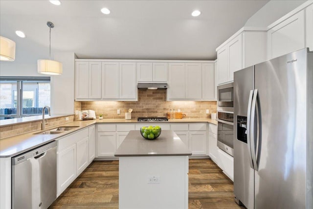 kitchen featuring under cabinet range hood, appliances with stainless steel finishes, decorative backsplash, and a sink