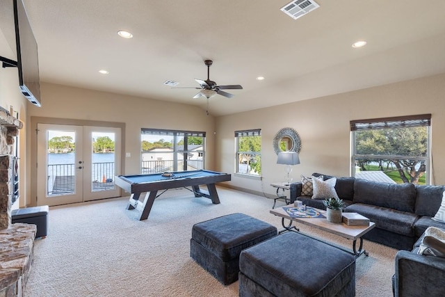 playroom featuring carpet floors, recessed lighting, visible vents, and french doors