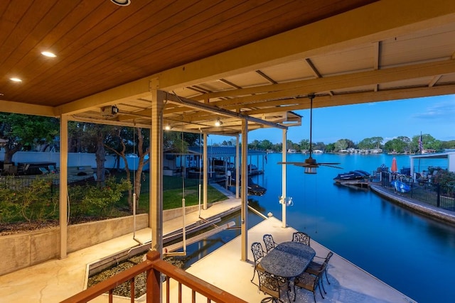 dock area featuring a water view and boat lift