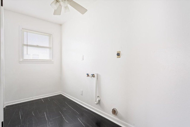 washroom with ceiling fan, hookup for a washing machine, laundry area, baseboards, and electric dryer hookup