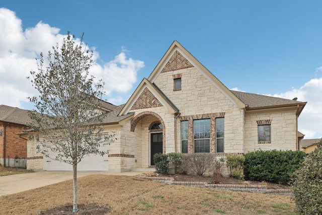 french country inspired facade with a garage, concrete driveway, roof with shingles, and stone siding